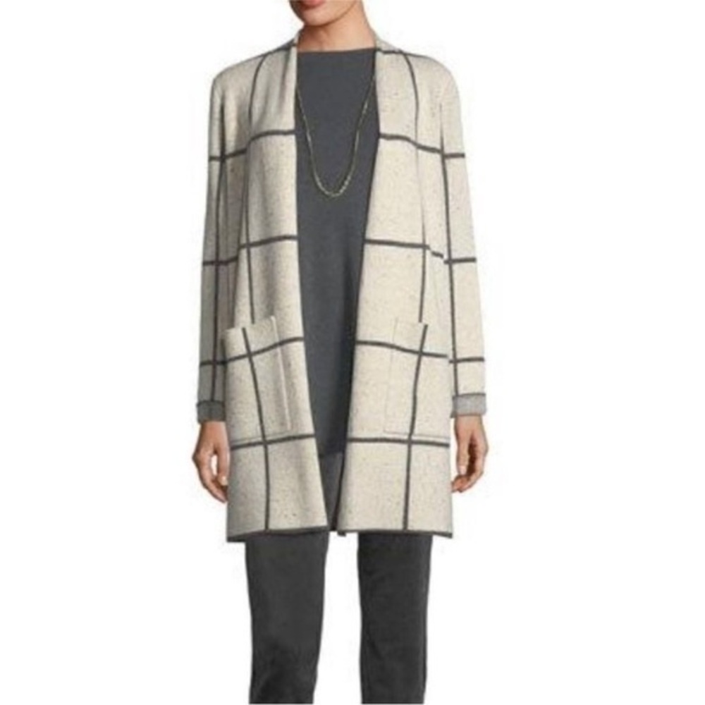 Eileen Fisher Peppered Windowpane Wool Blend Long Line Cardigan Sweater Size M